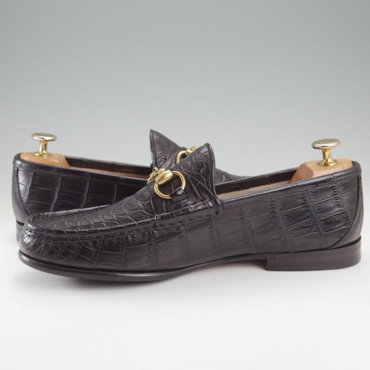 極上★(伊)GUCCI/グッチ SIZE 7【クロコダイル仕様★1953コレクション/ホースビットローファー】スリッポン/黒/メンズ★n638