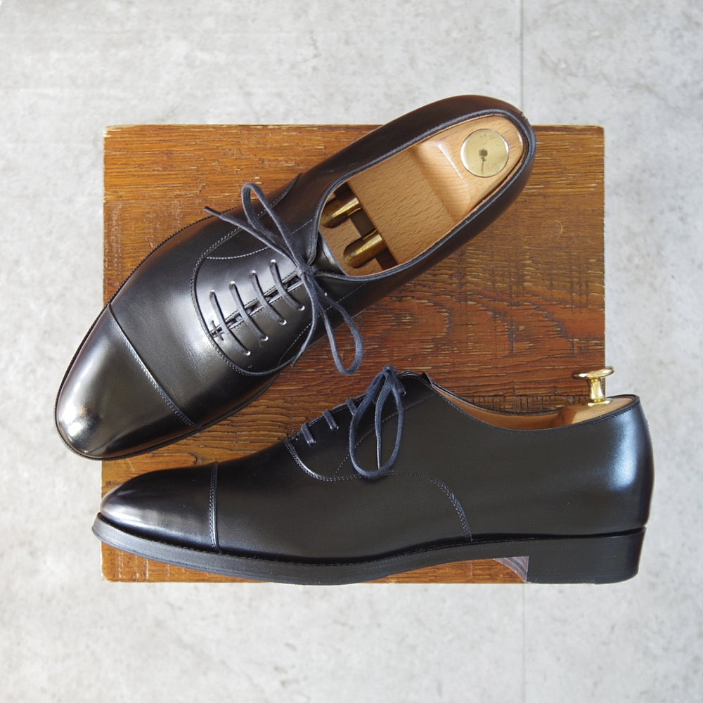 極上★RENDO/レンド US7C程度【足の細い方用モデル(8451)★仏デュプイ社カーフのオーダー品/シューツリー付】ストレートチップ/黒★o149