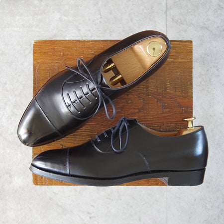 極上★RENDO/レンド US7C程度【足の細い方用モデル(8451)★仏デュプイ社カーフのオーダー品/シューツリー付】ストレートチップ/黒★o149