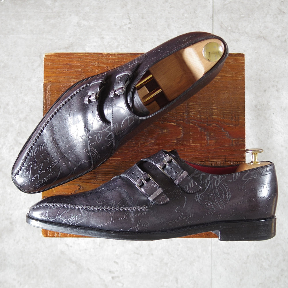 極上★(仏)ベルルッティ SIZE 9【カリグラフィー(スクリット)仕様★純正ツリー付/アートコレクション】ダブルモンク/黒系/Berluti★p403