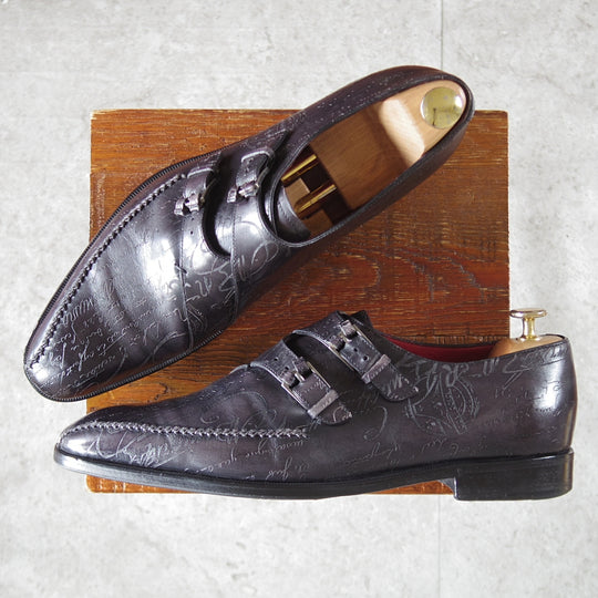 極上★(仏)ベルルッティ SIZE 9【カリグラフィー(スクリット)仕様★純正ツリー付/アートコレクション】ダブルモンク/黒系/Berluti★p403