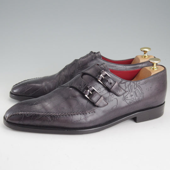 極上★(仏)ベルルッティ SIZE 9【カリグラフィー(スクリット)仕様★純正ツリー付/アートコレクション】ダブルモンク/黒系/Berluti★p403