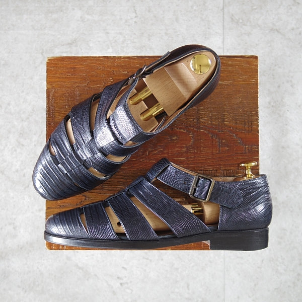極上★(伊)F.LLIジャコメッティ SIZE 38【定価￥154,000-★イグアナ(リザード)革/グルカサンダル/FG166】メンズ/紺/Giacometti★n318