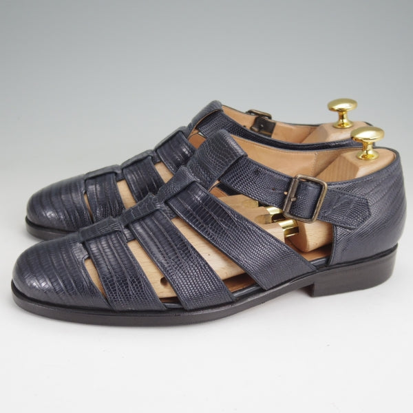 極上★(伊)F.LLIジャコメッティ SIZE 38【定価￥154,000-★イグアナ(リザード)革/グルカサンダル/FG166】メンズ/紺/Giacometti★n318