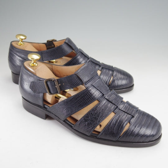 極上★(伊)F.LLIジャコメッティ SIZE 38【定価￥154,000-★イグアナ(リザード)革/グルカサンダル/FG166】メンズ/紺/Giacometti★n318