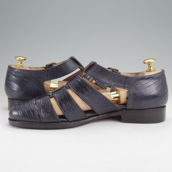 極上★(伊)F.LLIジャコメッティ SIZE 38【定価￥154,000-★イグアナ(リザード)革/グルカサンダル/FG166】メンズ/紺/Giacometti★n318