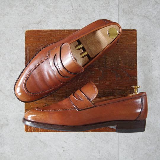 極上★(伊)タニノクリスチー SIZE 6.5【貴重★コインローファー/LEOPOLD】ボックスカーフ/茶/メンズ/TANINO CRISCI★o921