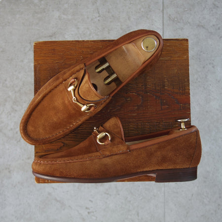 ★(伊)GUCCI/グッチ SIZE 41【純正シューツリー付★ホースビットローファー/茶】スエード/メンズ★p513